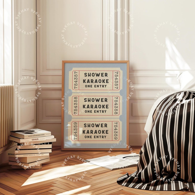 Shower Karaoke Ticket Print Blue Bathroom Retro Cream Aesthetic Shower Singing Funny Wall Art Vintage Trendy Home Decor Physical Print image 1