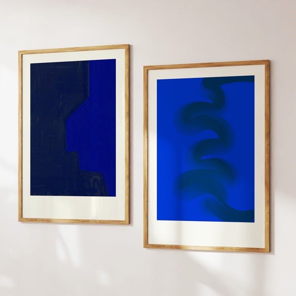 Abstract Set of 2 Blue Art Print Electric Blue Trendy Retro Wall Art Mid Century Modern Decor Colorful Poster Funky Prints Digital Download
