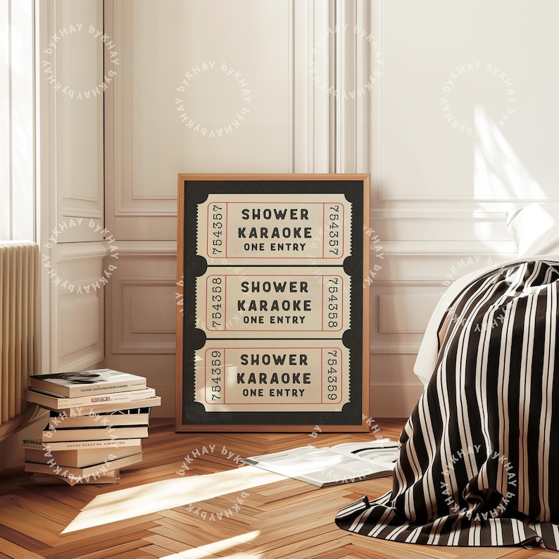 Shower Karaoke Ticket Print Bathroom Retro Black Cream Aesthetic Shower Singing Funny Wall Art Vintage Trendy Home Decor Physical Print image 1