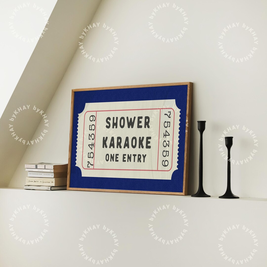 Shower Karaoke Ticket Horizontal Print Navy Blue Bathroom Retro Cream ...