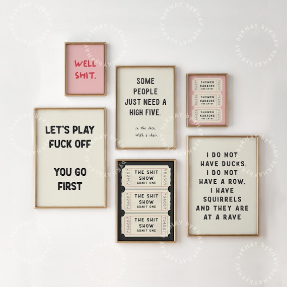 Funny Quote Print Set of 6 Rude Sweary Gallery Wall Shit Show Poster Retro Ticket Wall Art Rude Srcastic Bathroom Decor Digital Download