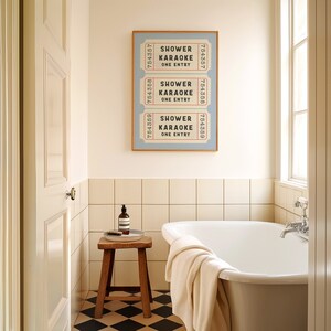 Shower Karaoke Ticket Print Blue Bathroom Retro Cream Aesthetic Shower Singing Funny Wall Art Vintage Trendy Home Decor Physical Print image 2