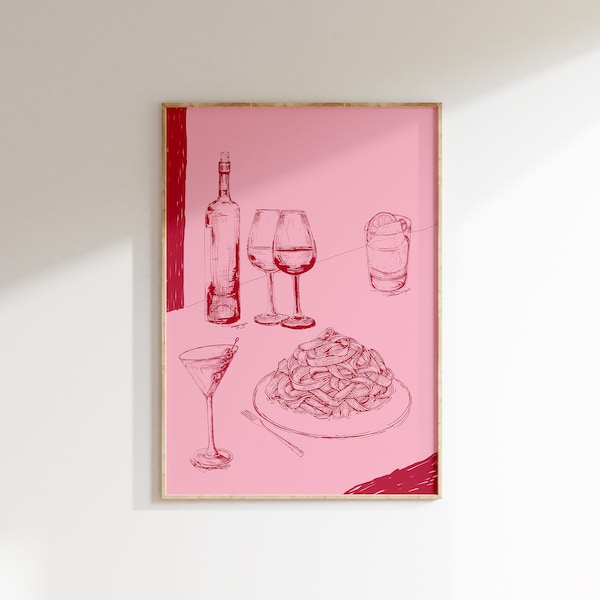 Handgezeichnete Wein Pasta Art Print Linienskizze Trendy Retro Wand Kunst ästhetische Wohnung Küche Wand Dekor Essen Esszimmer Druck digitaler Download