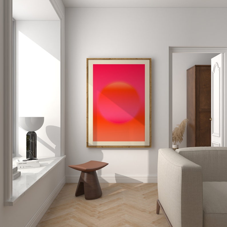 Arte mural en rosa intenso y naranja, impresión giclée abstracta, arte abstracto rosa intenso, arte mural moderno, arte mural abstracto rosa claro y naranja. imagen 9