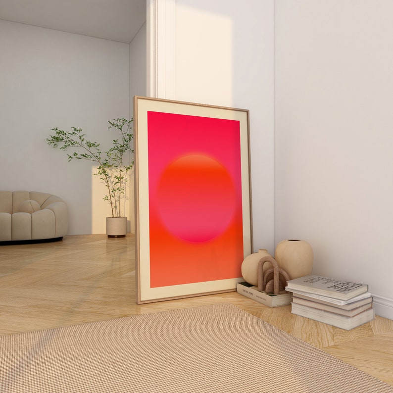 Arte mural en rosa intenso y naranja, impresión giclée abstracta, arte abstracto rosa intenso, arte mural moderno, arte mural abstracto rosa claro y naranja. imagen 5