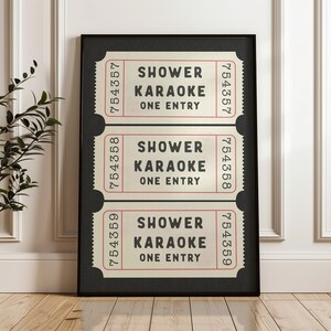 Shower Karaoke Ticket Print Bathroom Retro Black Cream Aesthetic Shower Singing Funny Wall Art Vintage Trendy Home Decor Physical Print image 6