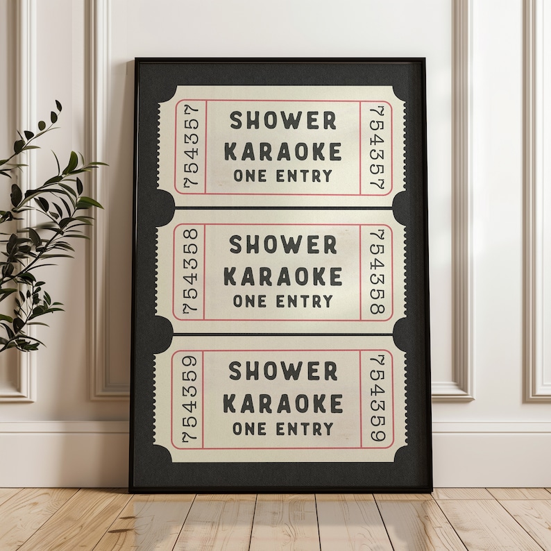 Shower Karaoke Ticket Print Bathroom Retro Black Cream Aesthetic Shower Singing Funny Wall Art Vintage Trendy Home Decor Physical Print image 6