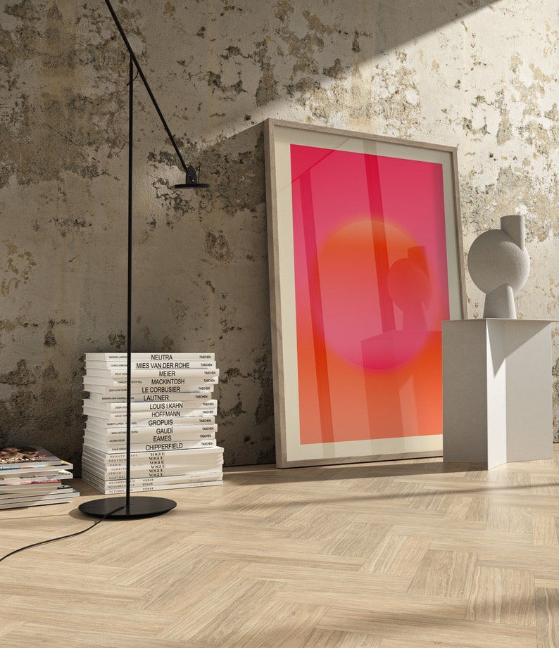 Arte mural en rosa intenso y naranja, impresión giclée abstracta, arte abstracto rosa intenso, arte mural moderno, arte mural abstracto rosa claro y naranja. imagen 7