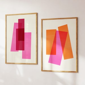 Arte de la pared rosa caliente y naranja impresión abstracta conjunto de 2 carteles de color rosa caliente, conjunto de arte de moda decoración de la pared dormitorio arte abstracto descarga digital