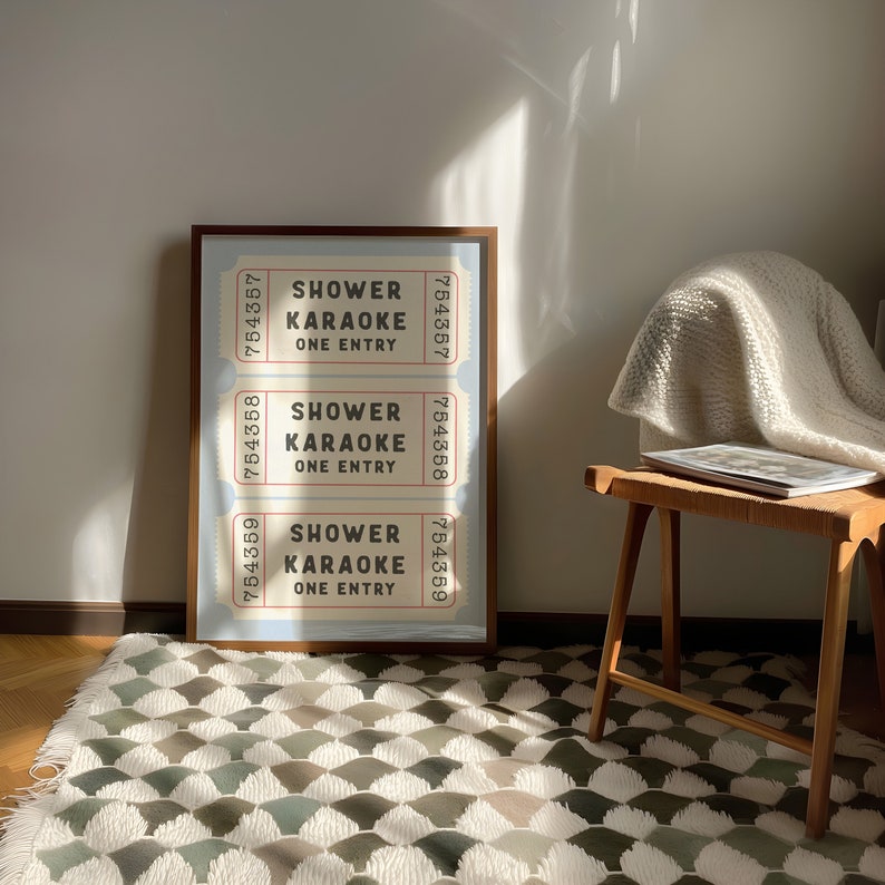 Shower Karaoke Ticket Print Blue Bathroom Retro Cream Aesthetic Shower Singing Funny Wall Art Vintage Trendy Home Decor Physical Print image 7