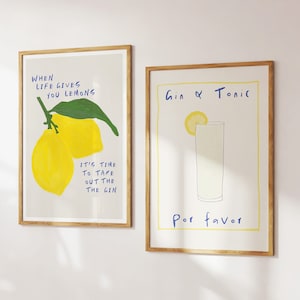 Gin en Tonic Print When Life Gives You Lemons Print Set van 2, Keuken Art Print Trendy Retro Wall Art Bar Cart Wall Art Digitale Download