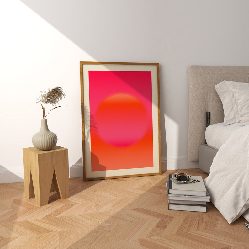 Arte mural en rosa intenso y naranja, impresión giclée abstracta, arte abstracto rosa intenso, arte mural moderno, arte mural abstracto rosa claro y naranja. imagen 8