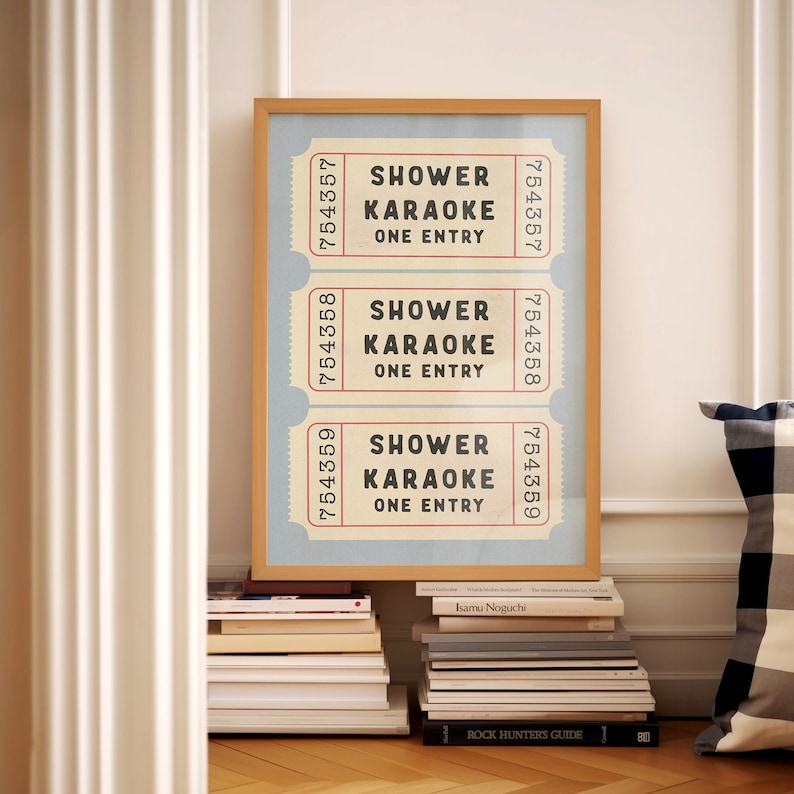 Shower Karaoke Ticket Print Blue Bathroom Retro Cream Aesthetic Shower Singing Funny Wall Art Vintage Trendy Home Decor Physical Print image 5