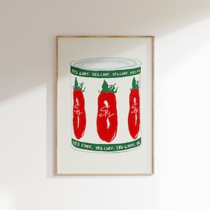Yes Chef 缶詰トマト キッチンプリント ミニマリスト クッキングアート 美的キッチン装飾 クマの名言ポスター かわいいキッチンアート デジタルダウンロード
