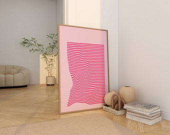 Retro Pink Geometric Wall Art, Minimal Abstract Prints, Wavy Line Light Pink Wall Art, Living Room Poster Digital Prints