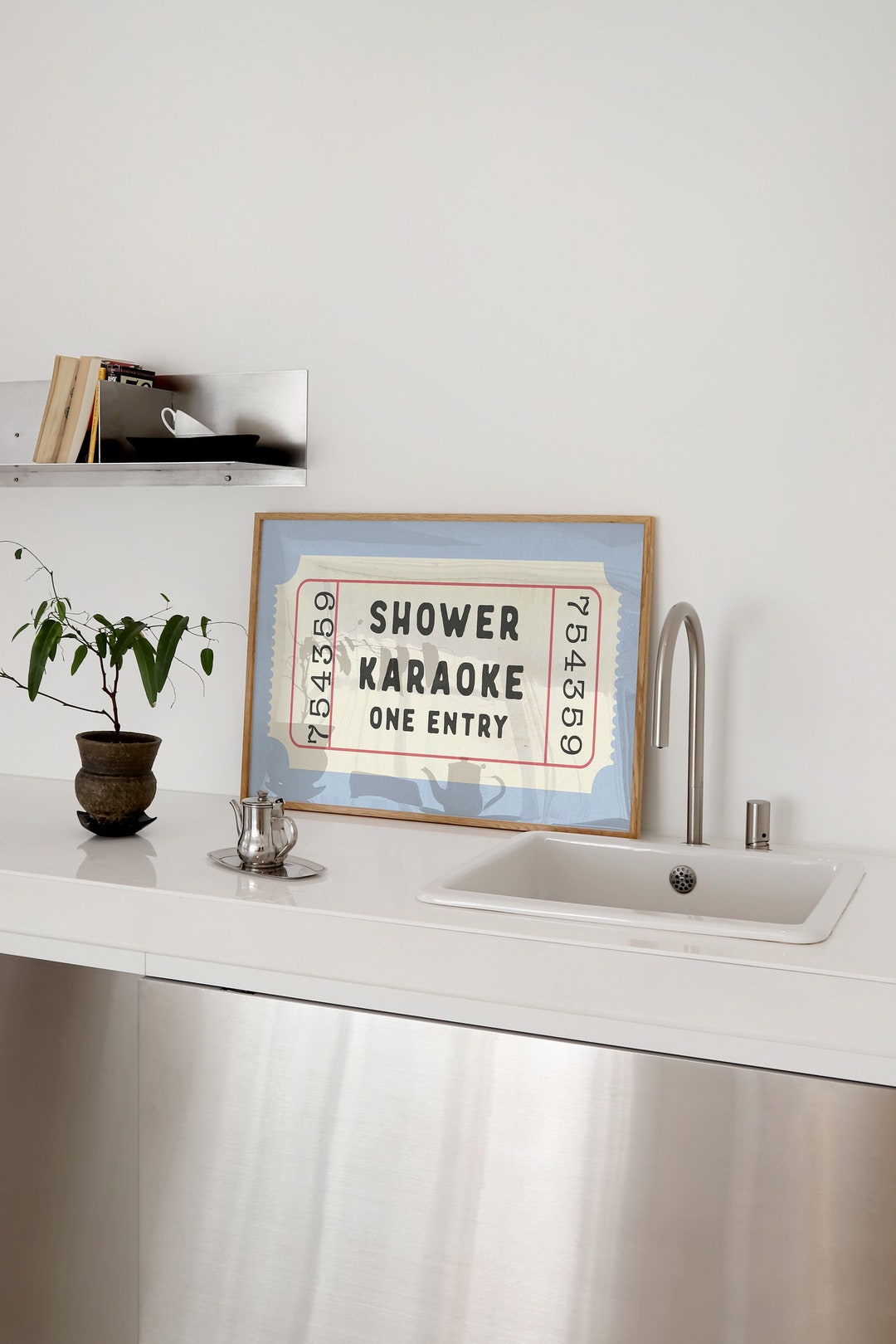 Shower Karaoke Ticket Horizontal Print Blue Bathroom Retro Cream ...