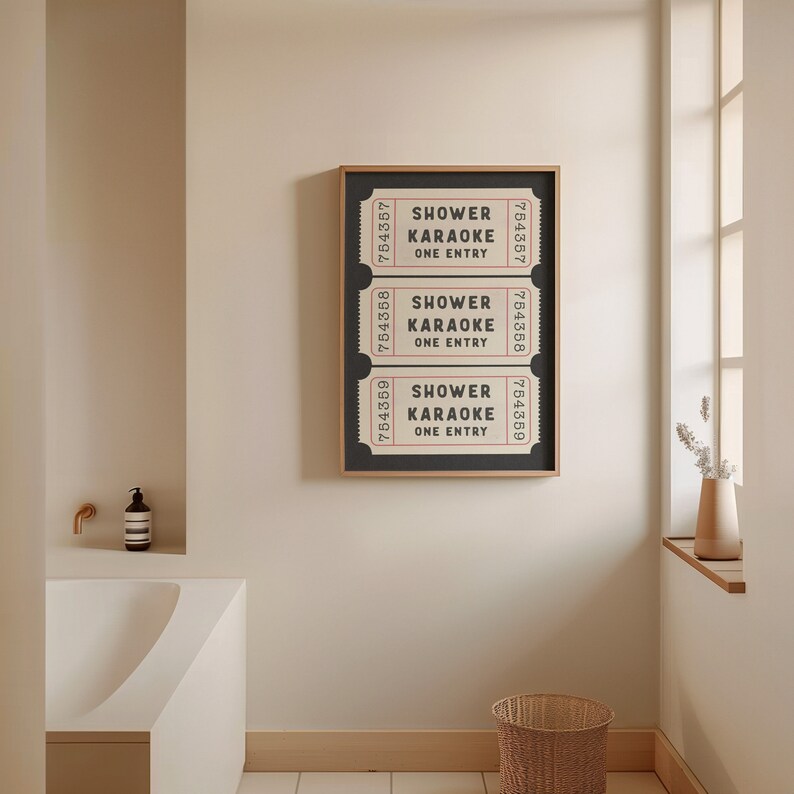 Shower Karaoke Ticket Print Bathroom Retro Black Cream Aesthetic Shower Singing Funny Wall Art Vintage Trendy Home Decor Physical Print image 7
