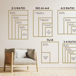 Pu&ograve; includere: Una parete con varie dimensioni e proporzioni di stampa, tra cui 2:3, ISO A1-A4, 4:5, 11x14 e 3:4. Le dimensioni sono elencate in pollici e cm, come 24" x 36" (61x91 cm). Una poltrona dai toni neutri &egrave; in primo piano.