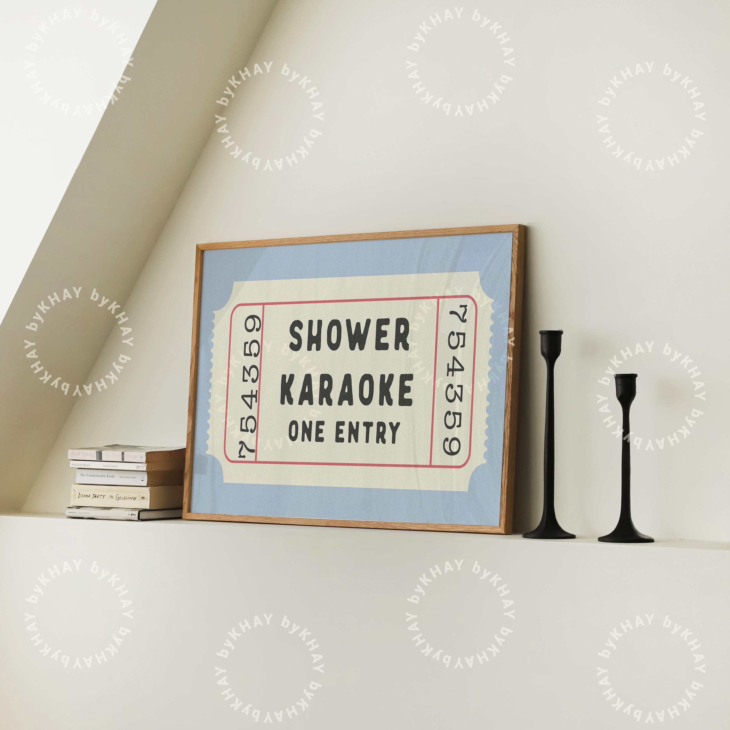 Shower Karaoke Ticket Horizontal Print Blue Bathroom Retro Cream
