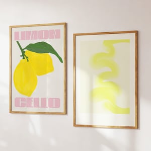 Limoncello Bar Cart Set van 2 Keuken Art Print Trendy Retro Wall Art, Roze en Gele Bar Poster Lemon Wall Art Home Decor Digitale Download