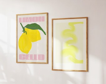 Limoncello Bar Cart Set of 2 Kitchen Art Print Trendy Retro Wall Art, Pink and Yellow Bar Poster Lemon Wall Art Home Decor Digital Download