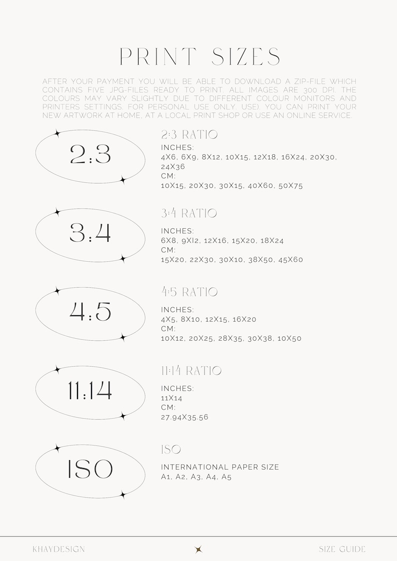 May include: A chart with different print sizes for images. The chart shows the different ratios of the print sizes, including 2:3, 3:4, 4:5, 11:14, and ISO. The chart also shows the corresponding measurements in inches and centimeters.