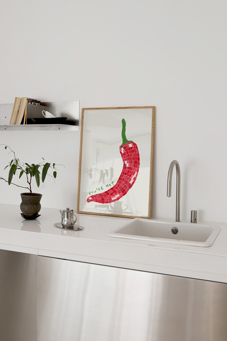 Disco Ball Chilli Print You're Hot Kitchen Wall Art Chili Pepper Poster ...