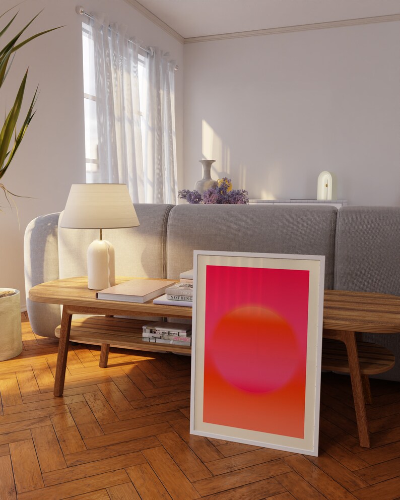 Arte mural en rosa intenso y naranja, impresión giclée abstracta, arte abstracto rosa intenso, arte mural moderno, arte mural abstracto rosa claro y naranja. imagen 4