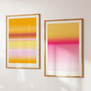 Pink and Orange Abstract Set of 2 Prints, Trendy Gradient Wall Art, Mid Century Modern Decor Pink Sunset Art Funky Prints Digital Download