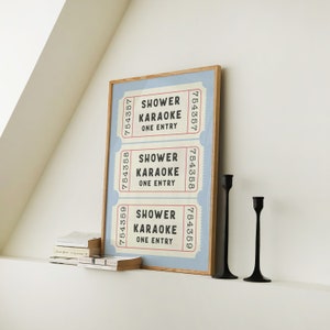Shower Karaoke Ticket Print Blue Bathroom Retro Cream Aesthetic Shower Singing Funny Wall Art Vintage Trendy Home Decor Physical Print image 4