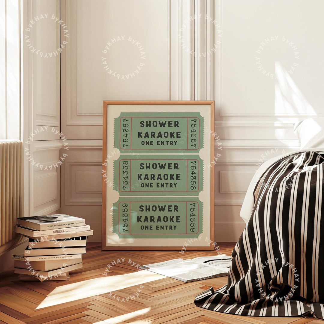 Shower Karaoke Ticket Print Green Bathroom Retro Cream Aesthetic Shower ...