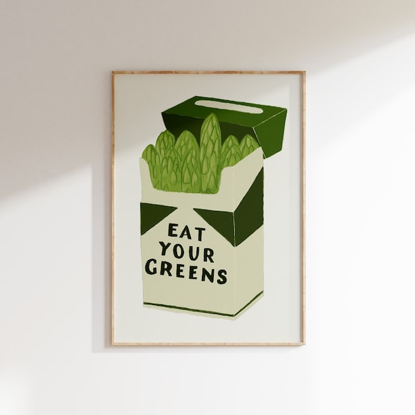 Eat Your Greens Kitchen Wall Art Vegetable Print Trendy Retro Green Asparagus Poster Hand Drawn Quirky Apartment Decor Digital Download