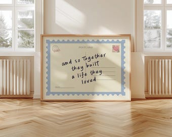 FRAMED Together They Built A Life Postcard Print, BLUE Homely Trendy Retro Positive Wall Art