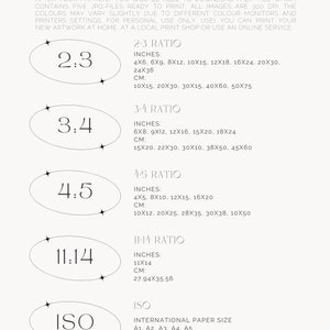 May include: A chart with different print sizes for images. The chart shows the different ratios of the print sizes, including 2:3, 3:4, 4:5, 11:14, and ISO. The chart also shows the corresponding measurements in inches and centimeters.