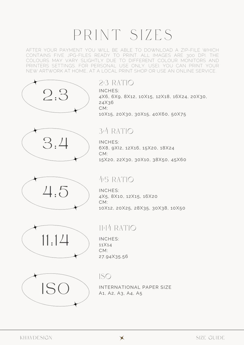 May include: A chart with different print sizes for images. The chart shows the different ratios of the print sizes, including 2:3, 3:4, 4:5, 11:14, and ISO. The chart also shows the corresponding measurements in inches and centimeters.