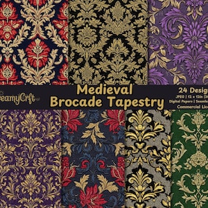 May include: A collection of digitally created medieval brocade tapestry designs. The patterns feature ornate floral and scrollwork in various color combinations, including red and gold on navy, black and gold, and purple and gold. The image includes the text "Medieval Brocade Tapestry".
