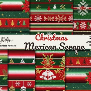 May include: A collection of 20 digital paper designs with a Christmas Mexican Serape theme. The patterns feature red, green, and white stripes, poinsettias, snowflakes, Christmas trees, and bells. The designs are 12 x 12 inches and have a commercial license.
