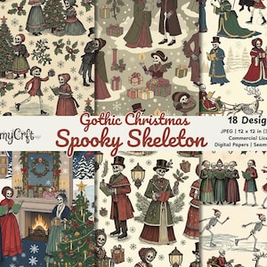 May include: A digital paper collection featuring 18 seamless patterns with skeletons in Victorian-style clothing celebrating Christmas. The designs include skeletons decorating trees, ice skating, singing carols, and riding in sleighs with gifts.