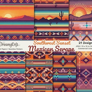 May include: A collection of digital papers featuring Southwest sunset and Mexican serape designs. The patterns include vibrant colors like orange, purple, and turquoise, with images of sunsets, mountains, and cacti. The text reads "DreamyCrft" and "Southwest Sunset Mexican Serape".