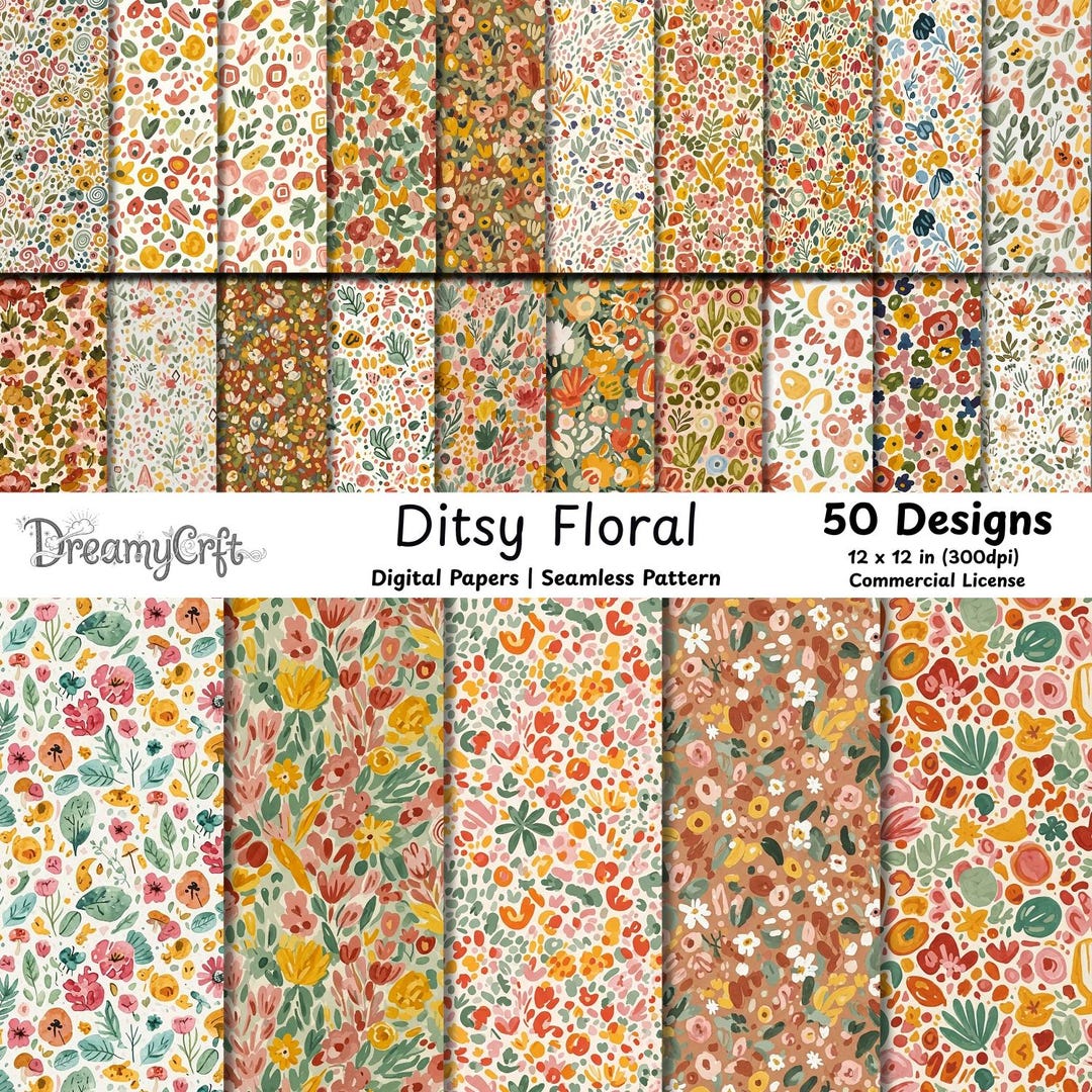 50 Ditsy Floral Seamless Pattern, Watercolor Wildflower Digital Paper ...