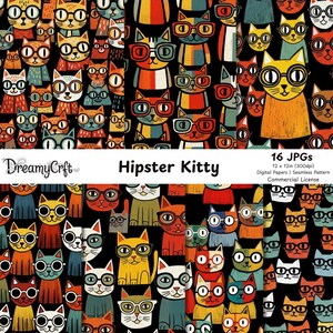 Op de afbeelding: Een herhalend patroon van cartoonkatten met brillen in verschillende kleuren, waaronder oranje, geel en blauw, tegen een zwarte achtergrond. De afbeelding bevat de tekst "Hipster Kitty" en "16 JPGs".