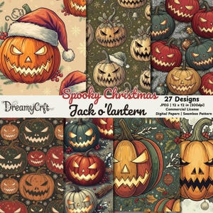 May include: A collection of digital papers featuring Jack o'lanterns and holiday themes. The designs include orange, green, and red pumpkins with carved faces, some wearing Santa hats. The text reads "Spooky Christmas" and "27 Designs".
