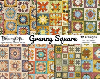 Granny Square Seamless Patterns Retro Boho Crochet Digital Paper Printables Sublimation