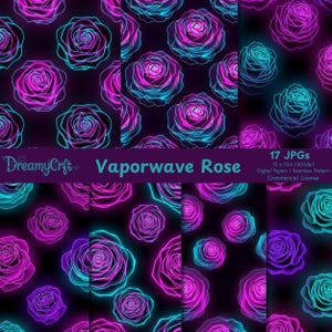 Puede incluir: Conjunto de papeles digitales con un patrón repetido de rosas de neón en tonos rosa, morado y turquesa sobre un fondo negro. Se muestra el texto "Vaporwave Rose", junto con el logotipo de DreamyCrft. Incluye 17 JPG, 30.48 x 30.48 cm.