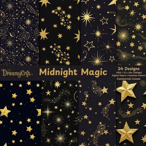 May include: A collection of digital papers with a midnight theme. The designs feature gold stars, constellations, and celestial patterns on a dark navy background. The text "Midnight Magic" is displayed in gold. The image includes the text "24 Designs" and "JPEG 12 x 12in (300dpi)".