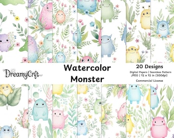 Aquarelle monstre transparente motif pastel chambre d'enfant art floral imprimable artisanat, sublimation de tissu, usage commercial