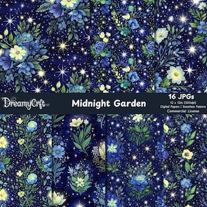 May include: A collection of digital papers featuring a midnight garden theme. The designs showcase blue and yellow flowers, green leaves, and sparkling stars on a dark blue background. The text "Midnight Garden" is displayed.