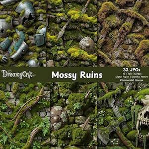 Puede incluir: Conjunto de papel digital titulado "Ruinas Musgosas" con muros de piedra cubiertos de musgo verde y follaje. La imagen incluye armas medievales, armaduras y el texto "DreamyCrft" y "Mossy Ruins". El conjunto incluye 32 JPG, 30,48 x 30,48 cm.
