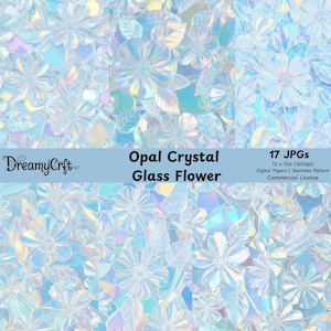Op de afbeelding: Een digitaal papierontwerp met een herhalend patroon van opaal kristallen glazen bloemen in blauwe, witte en iriserende tinten. Het ontwerp bevat de tekst "Opal Crystal Glass Flower" en "17 JPG's 12 x 12in (300dpi) Digital Papers | Seamless Pattern Commercial License."