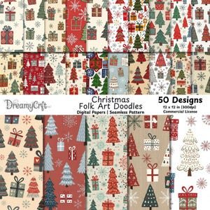 May include: A collection of 50 Christmas-themed digital paper designs. The patterns feature folk art illustrations of Christmas trees, gift boxes, and snowflakes in red, green, blue, and beige. The text reads "Christmas Folk Art Doodles".